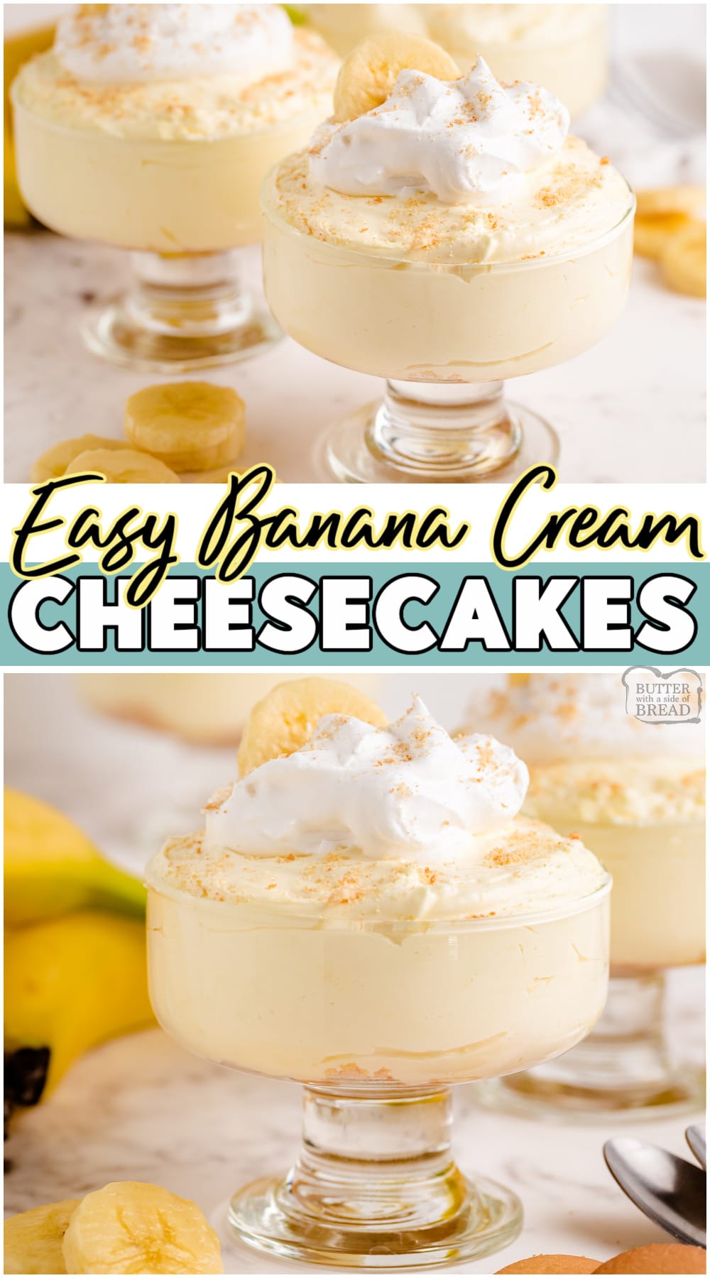 Banana Cream Cheesecakes made with banana pudding, cream cheese, whipped topping, and a graham cracker. Fantastic creamy, banana flavor in this easy cheesecake recipe! #cheesecake #banana #dessert #easyrecipe from BUTTER WITH A SIDE OF BREAD