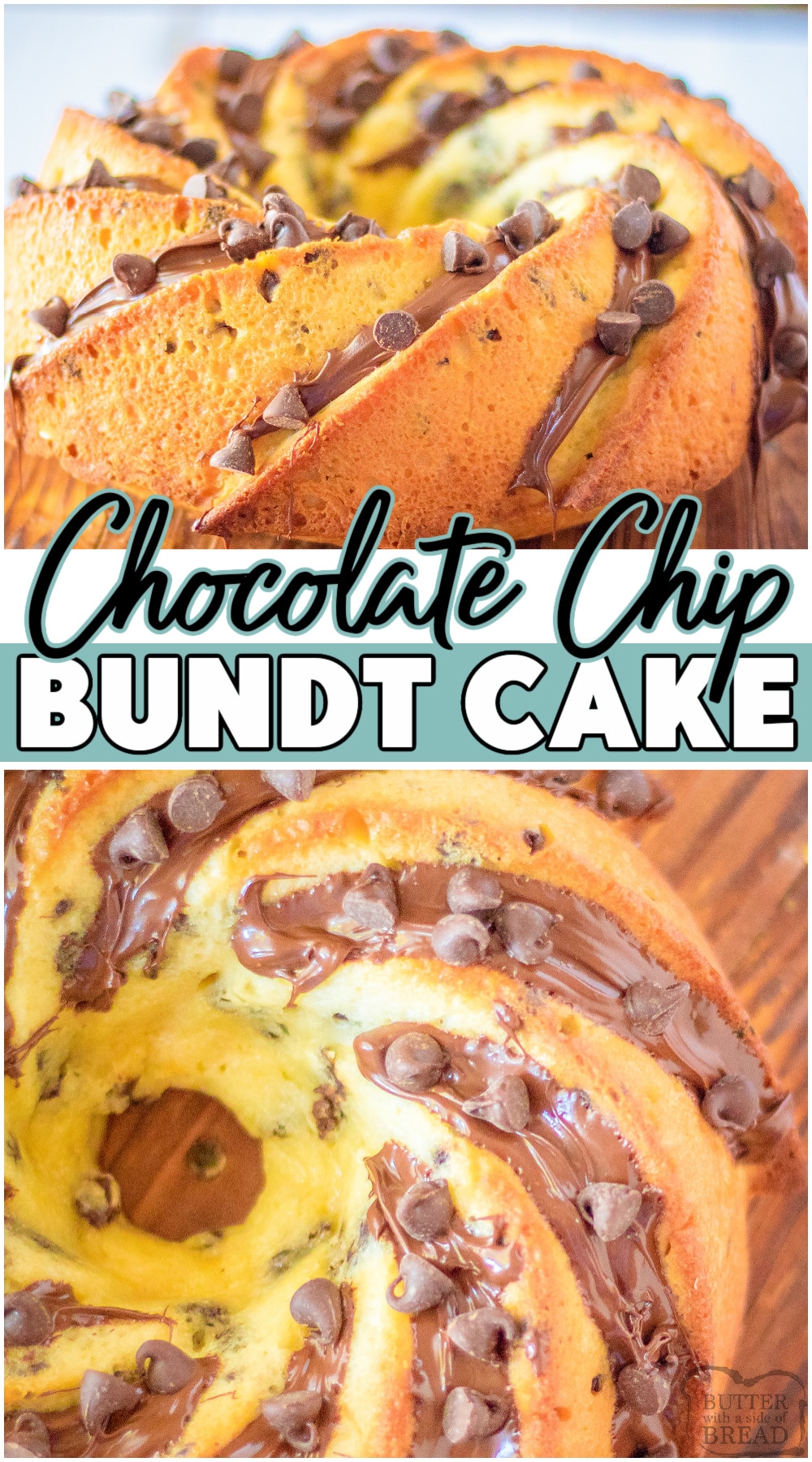 Fantastic Chocolate Chip Bundt Cake with a moist, tender crumb & incredible chocolate flavor! Homemade Bundt Cake recipe packed with chocolate chips inside and on top of the cake, perfect for anyone who loves chocolate. #bundt #cake #chocolate #chocolatechip #baking #easyrecipe #dessert from BUTTER WITH A SIDE OF BREAD