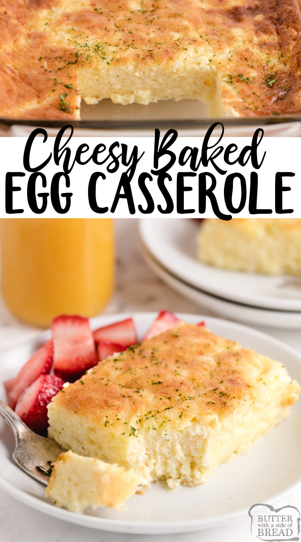 Cheesy Baked Egg Casserole made with eggs, milk and three different kinds of cheese. Perfect baked breakfast casserole recipe with tons of protein!