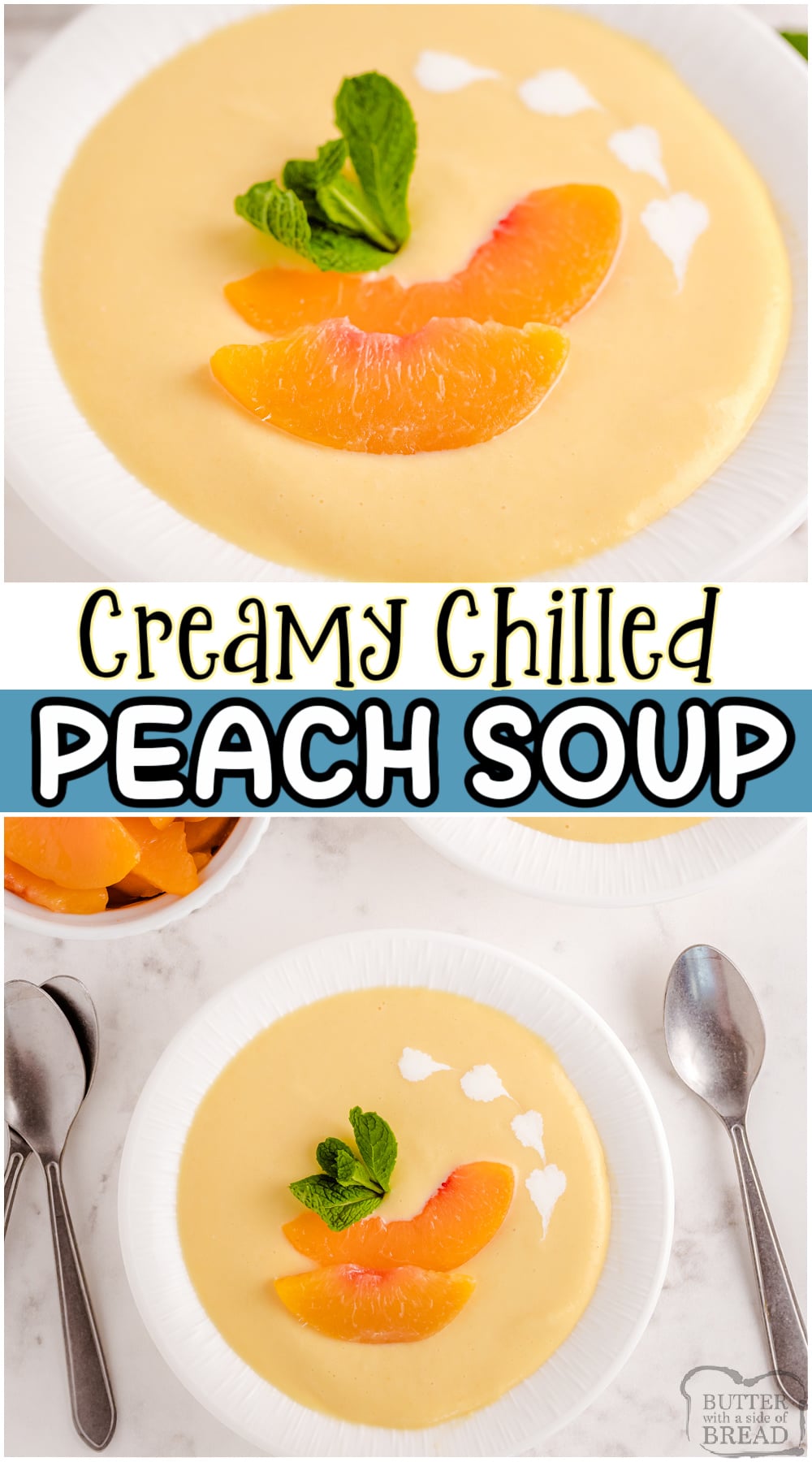 Chilled Peach Soup made with fresh peaches, sugar, cream & vanilla! Cool off with this unique peaches & cream dessert!