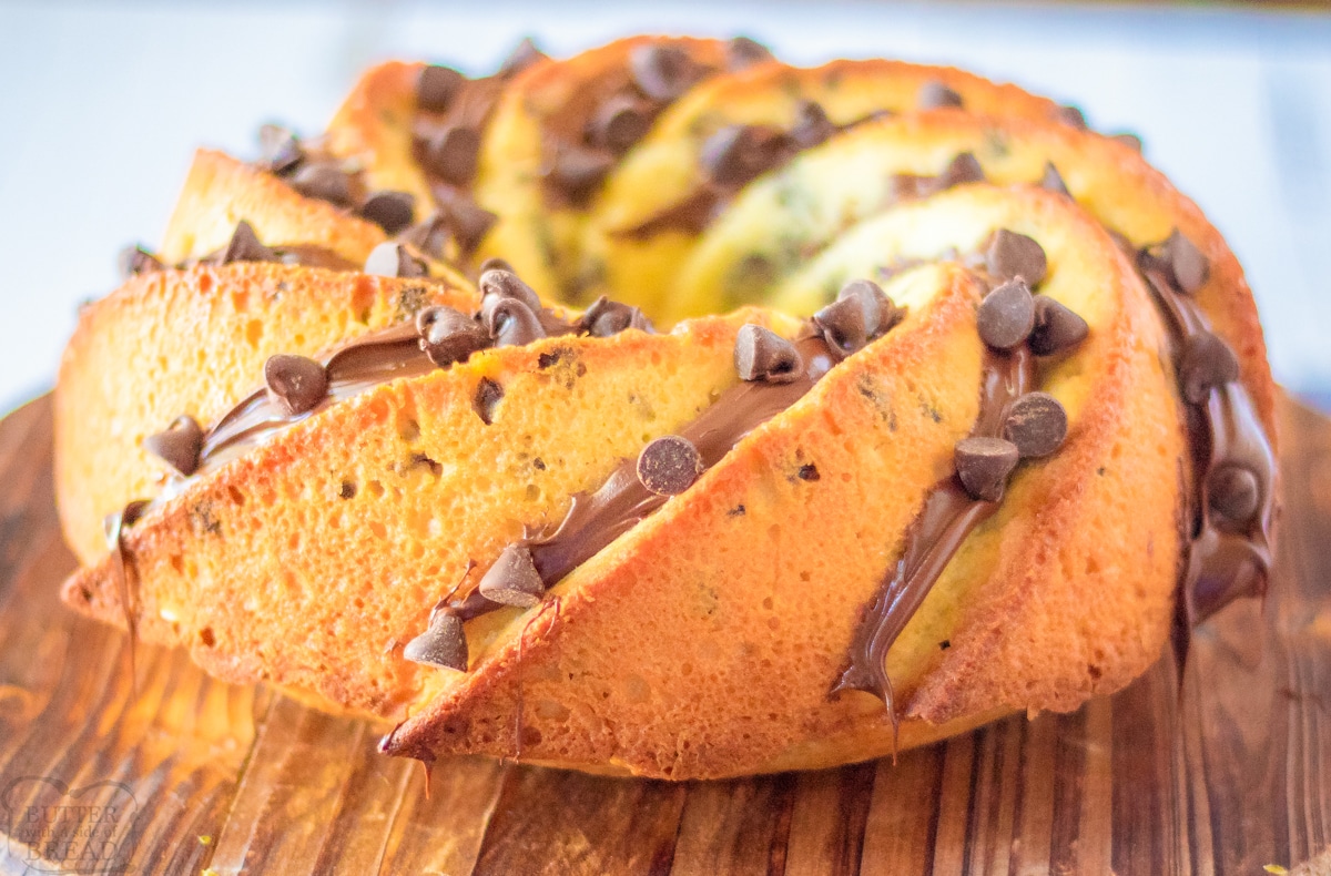 chocolate chip bundt cake on a wooden board