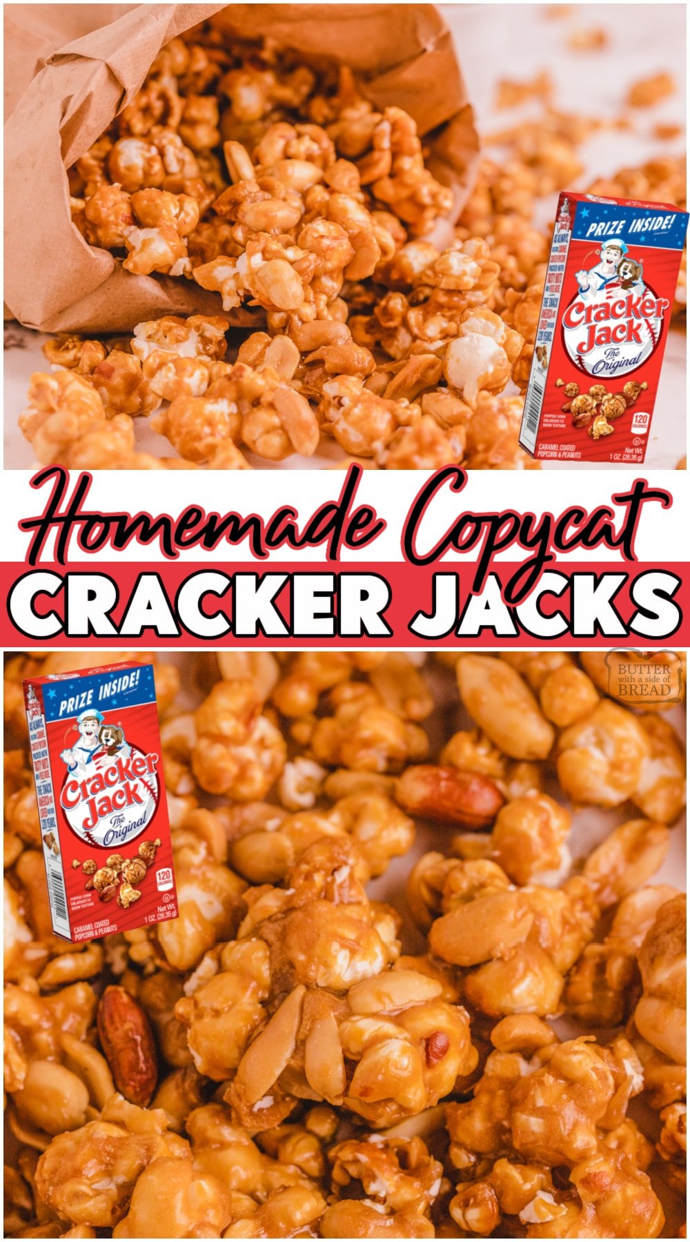 Copycat Cracker Jacks made with popcorn, butter, brown sugar & vanilla! Sweet caramel coated popcorn and peanut mix that's easily made at home! #popcorn #caramel #peanuts #CrackerJacks #easyrecipe from BUTTER WITH A SIDE OF BREAD