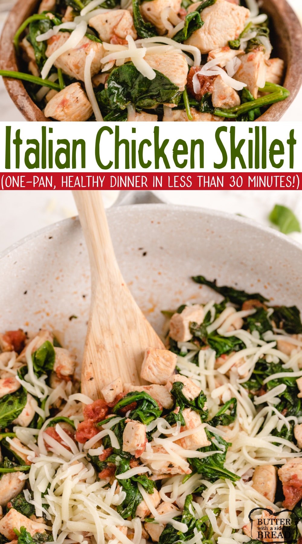Italian Chicken Skillet is the perfect one-dish meal that can be made in less than 30 minutes! Perfect simple and healthy dinner recipe full of chicken, tomatoes, spinach and mozzarella.