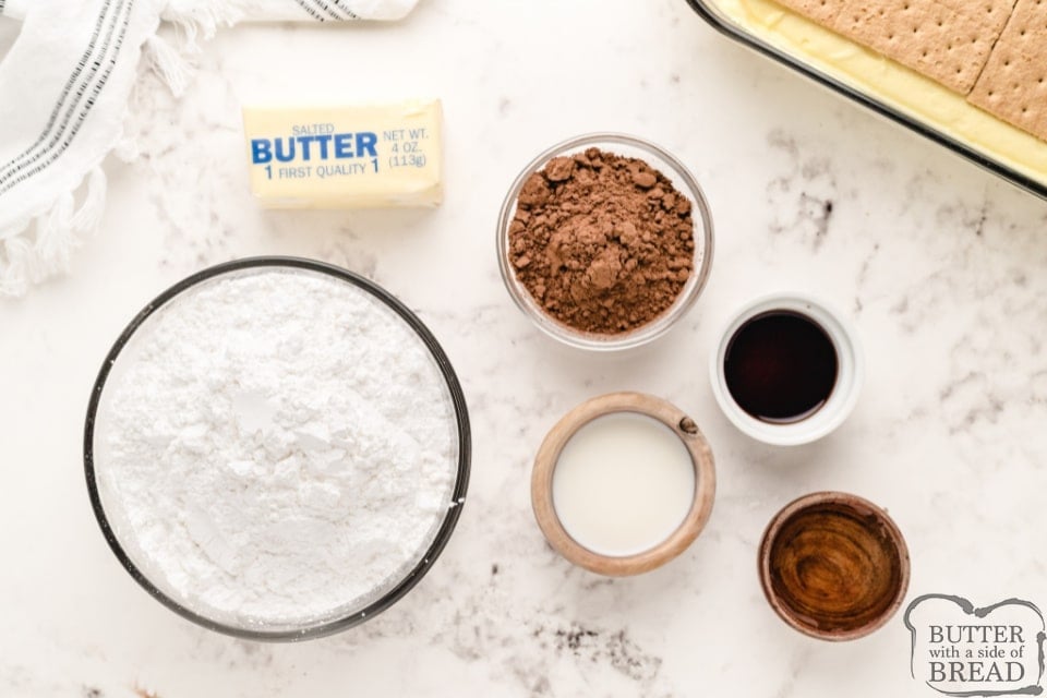 Ingredients in homemade chocolate frosting for no bake eclair dessert