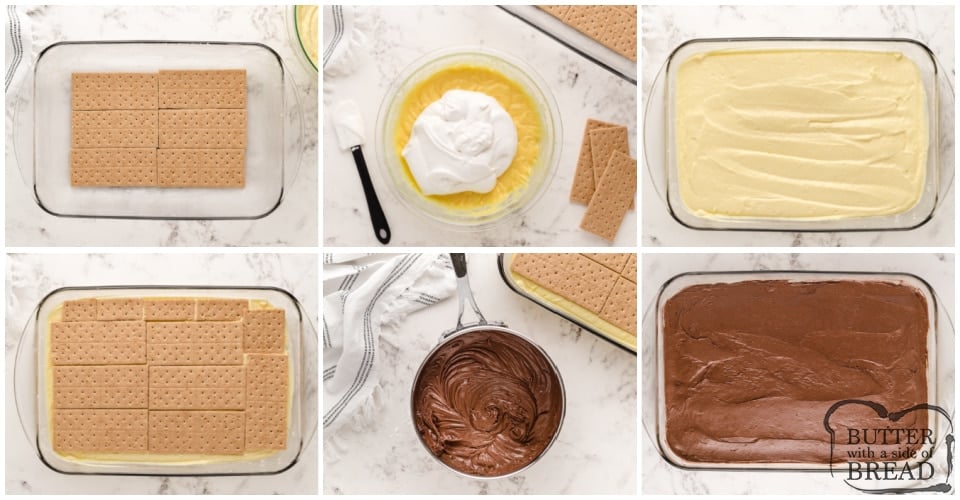Step by step instructions on how to make no bake chocolate eclair dessert