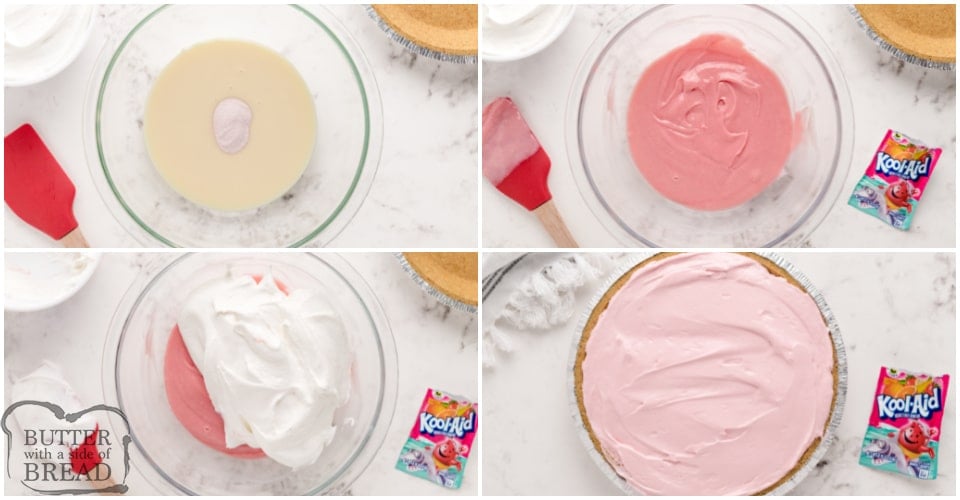 Step by step instructions on how to make no bake kool aid pie recipe