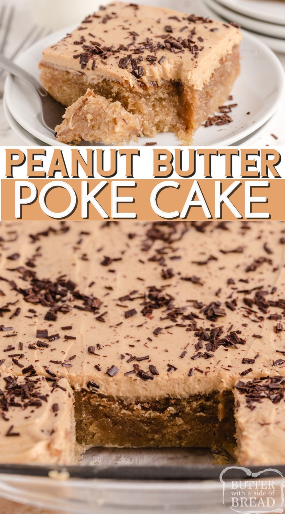 Peanut Butter Poke Cake made from scratch with a delicious peanut butter drizzle and a light peanut butter frosting on top! Tons of peanut butter flavor in this amazing poke cake recipe!
