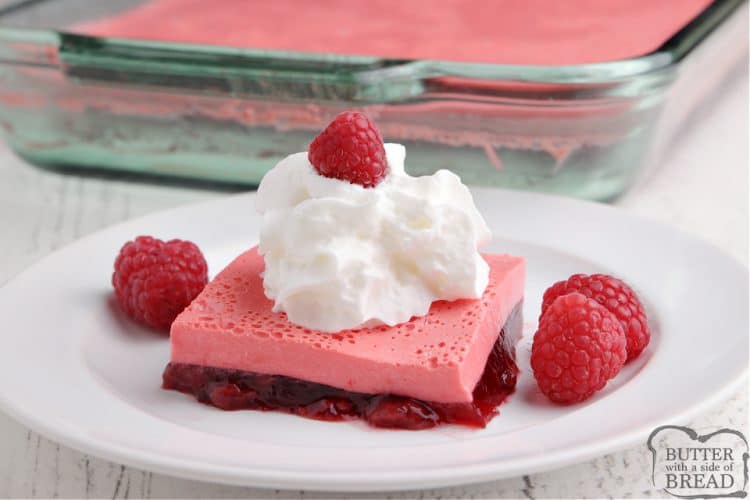 Raspberry Cheesecake Jello made with only 4 ingredients for a delicious side dish or dessert. This Jello recipe is made with cream cheese, yogurt and pie filling and can be made in any flavor you want! 