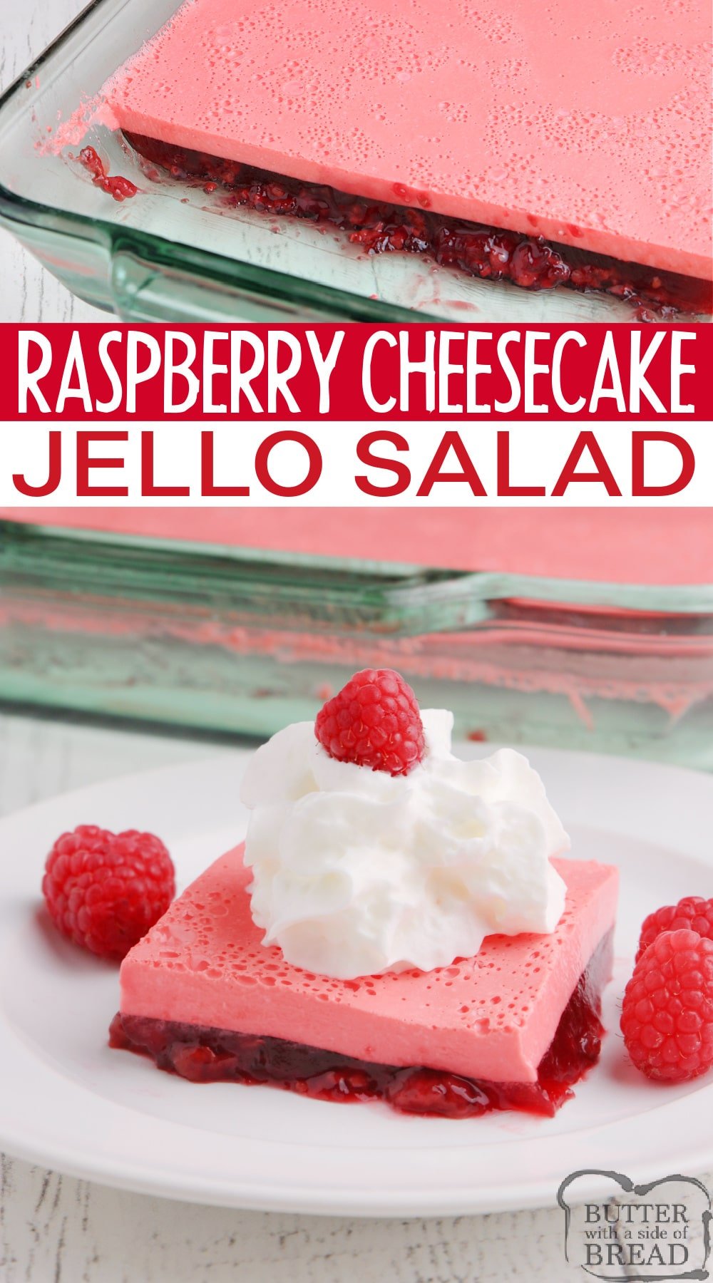 Raspberry Cheesecake Jello made with only 4 ingredients for a delicious side dish or dessert. This Jello recipe is made with cream cheese, yogurt and pie filling and can be made in any flavor you want!