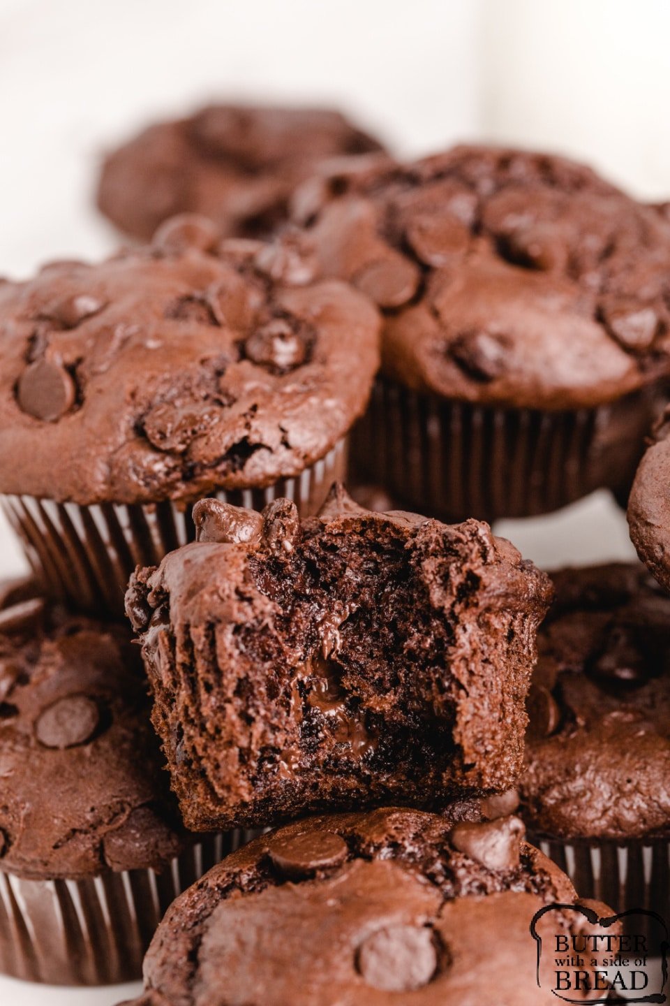Chocolate chocolate chip muffin recipe made with cake mix and pudding