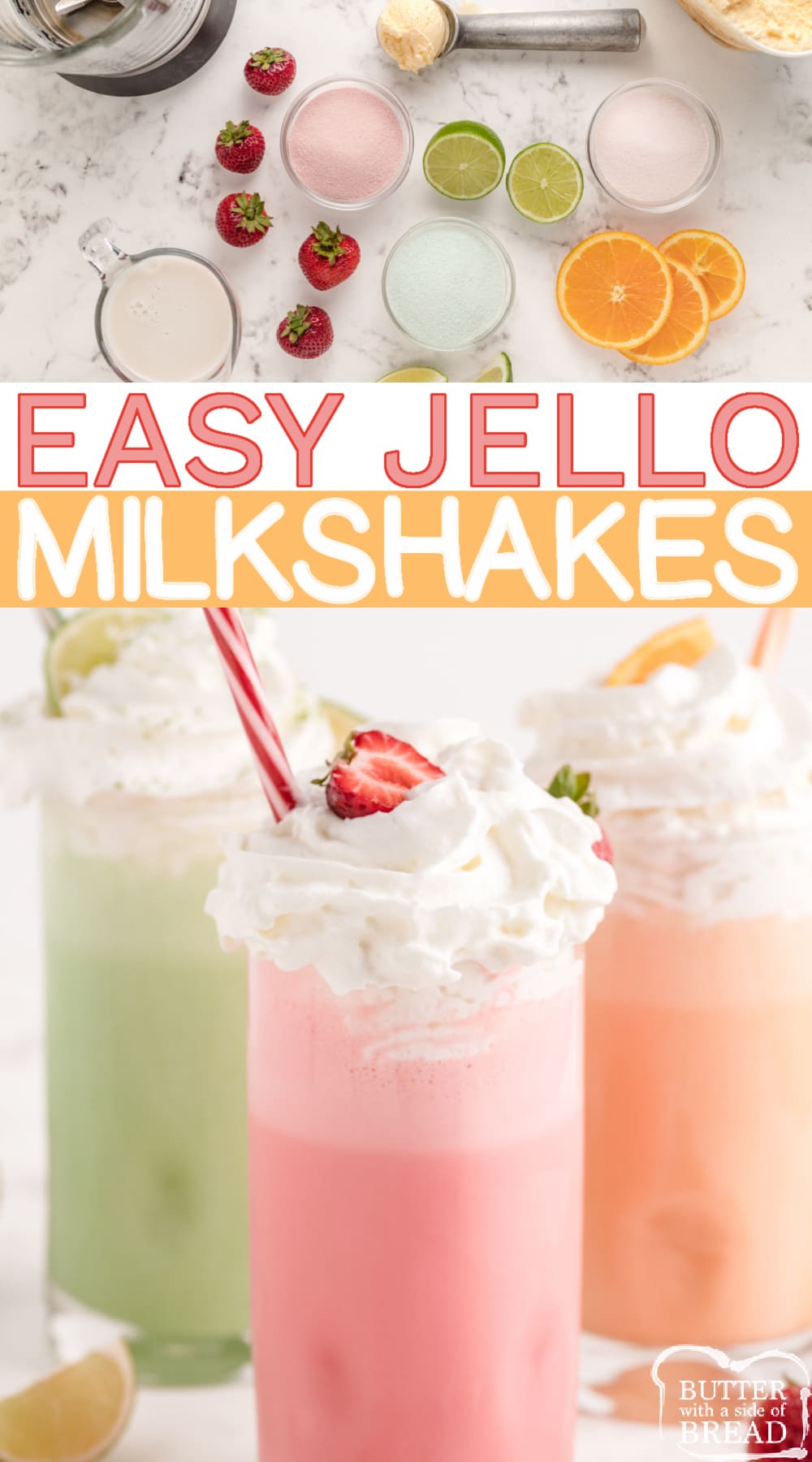 Easy Jello Milkshakes made with ice cream, milk and any flavor of Jello. Colorful and delicious homemade milkshake recipe that the whole family will enjoy!