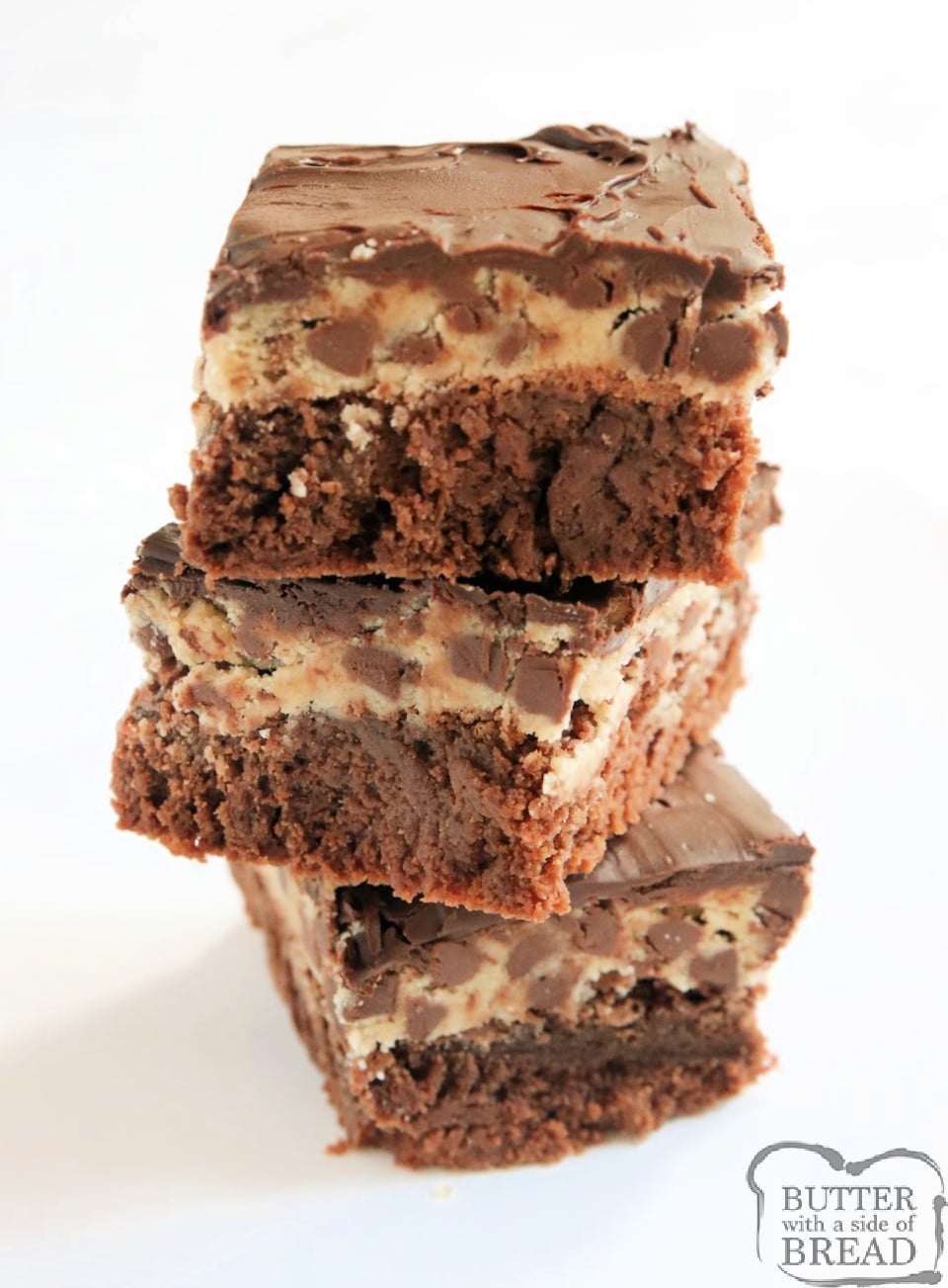 Chocolate Chip Cookie Dough Brownies made with layers of fudgy, chewy homemade brownies, chocolate chip cookie dough and then more chocolate on top! Decadent dessert recipe that everyone loves! 