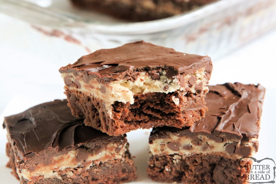 Chocolate Chip Cookie Dough Brownies made with layers of fudgy, chewy homemade brownies, chocolate chip cookie dough and then more chocolate on top! Decadent dessert recipe that everyone loves! 