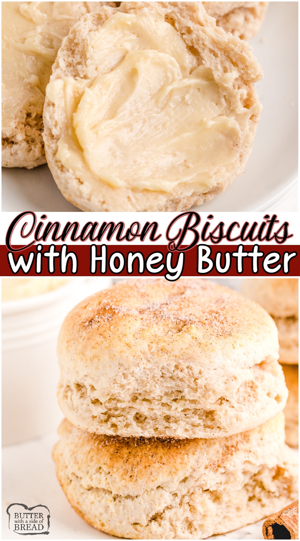 Easy biscuit recipe with a touch of cinnamon pairs well with sweet homemade honey butter. From scratch sweet flaky biscuits made with classic ingredients that are easy to make! #biscuits #honeybutter #homemade #baking #biscuitrecipe from BUTTER WITH A SIDE OF BREAD