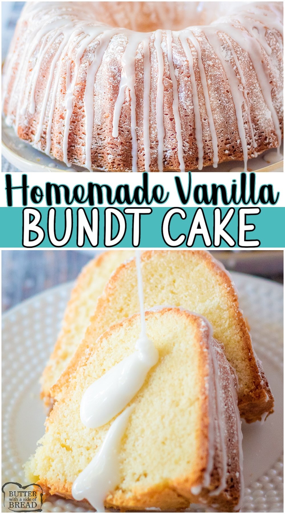Lovely Vanilla Bundt Cake made with classic ingredients with fantastic vanilla flavor! Simple, classic bundt cake recipe that allows the vanilla flavors to shine beautifully! #cake #vanilla #bundt #baking #dessert #easyrecipe from BUTTER WITH A SIDE OF BREAD