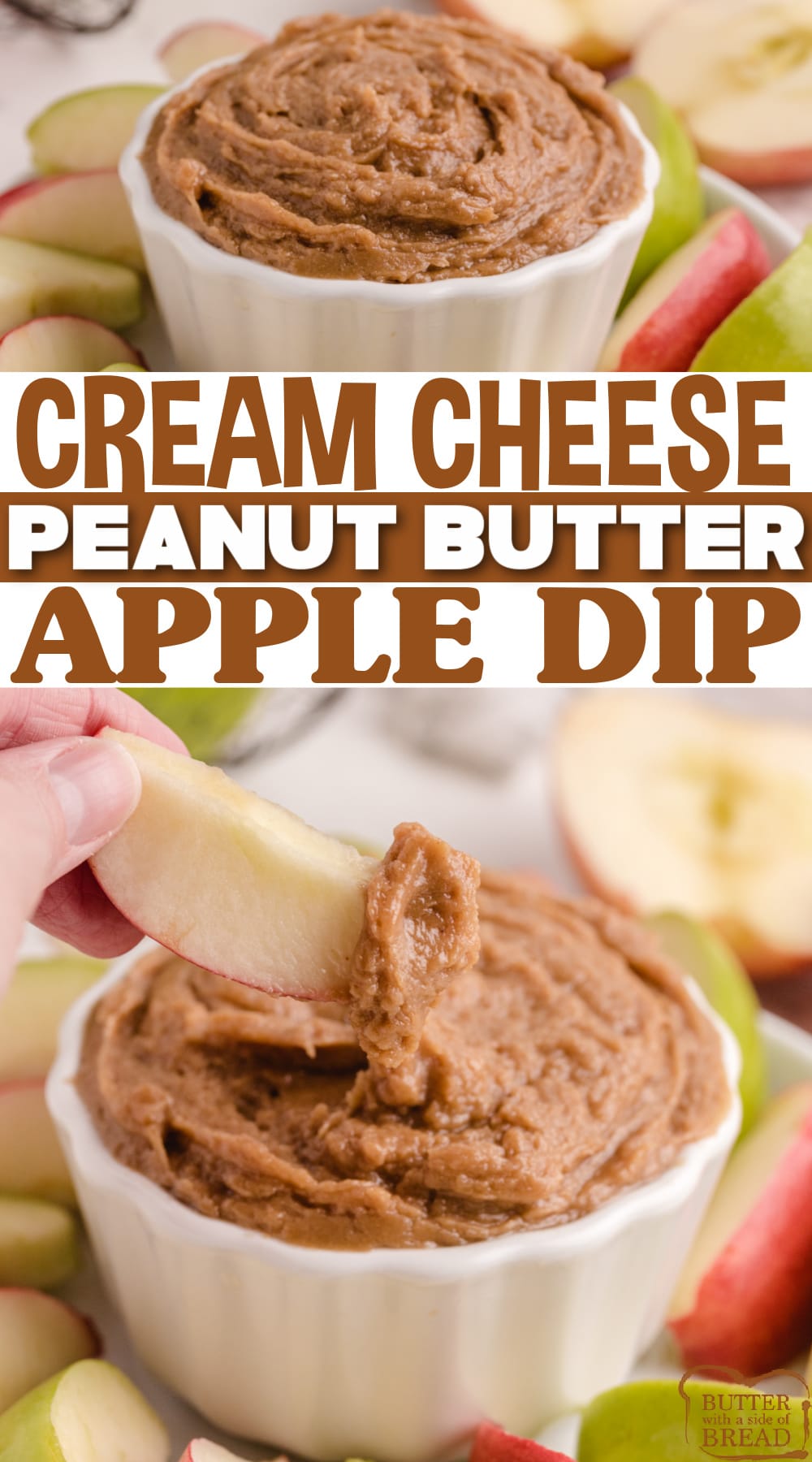 Peanut Butter Apple Dip is made with 5 simple ingredients and is perfect for a snack. Made with cream cheese, peanut butter, and brown sugar in less than 3 minutes!