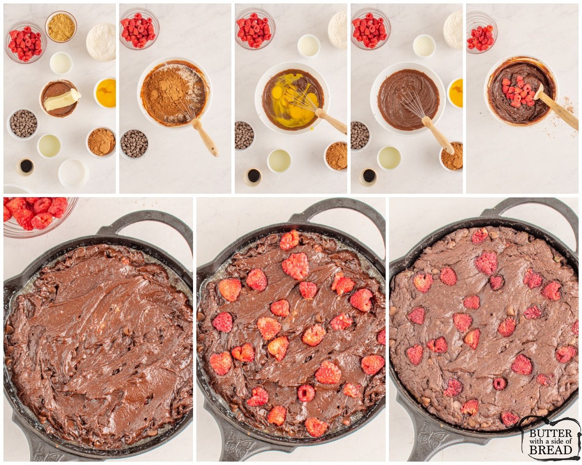 step by step images showing how to make skillet brownies with raspberries