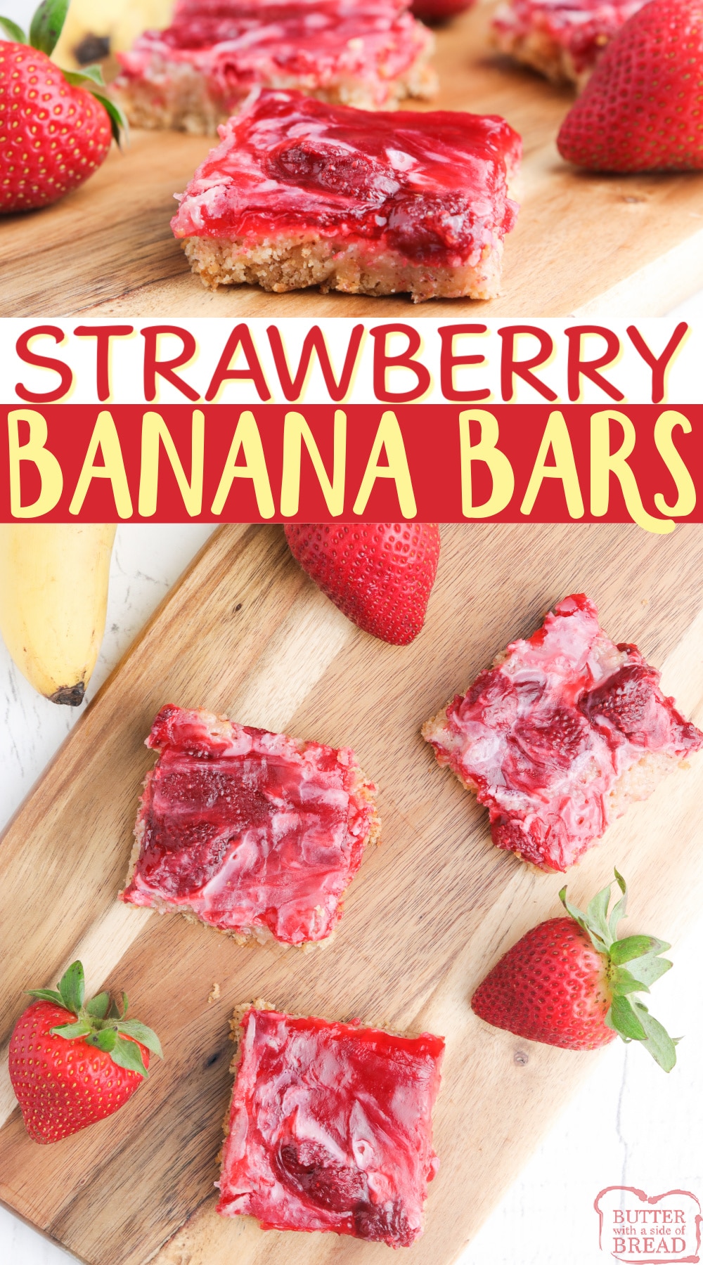 Strawberry Banana Bars made with a banana bread or muffin mix, strawberry pie filling and just three other basic ingredients. Easy banana recipe that is perfect for a snack or dessert! 