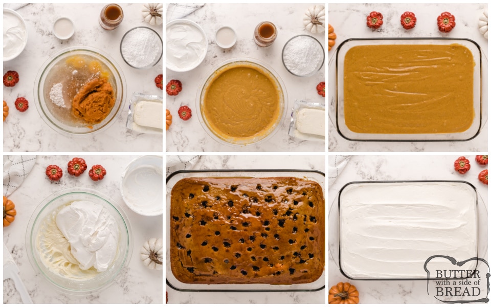 Step by step instructions on how to make Caramel Pumpkin Poke Cake
