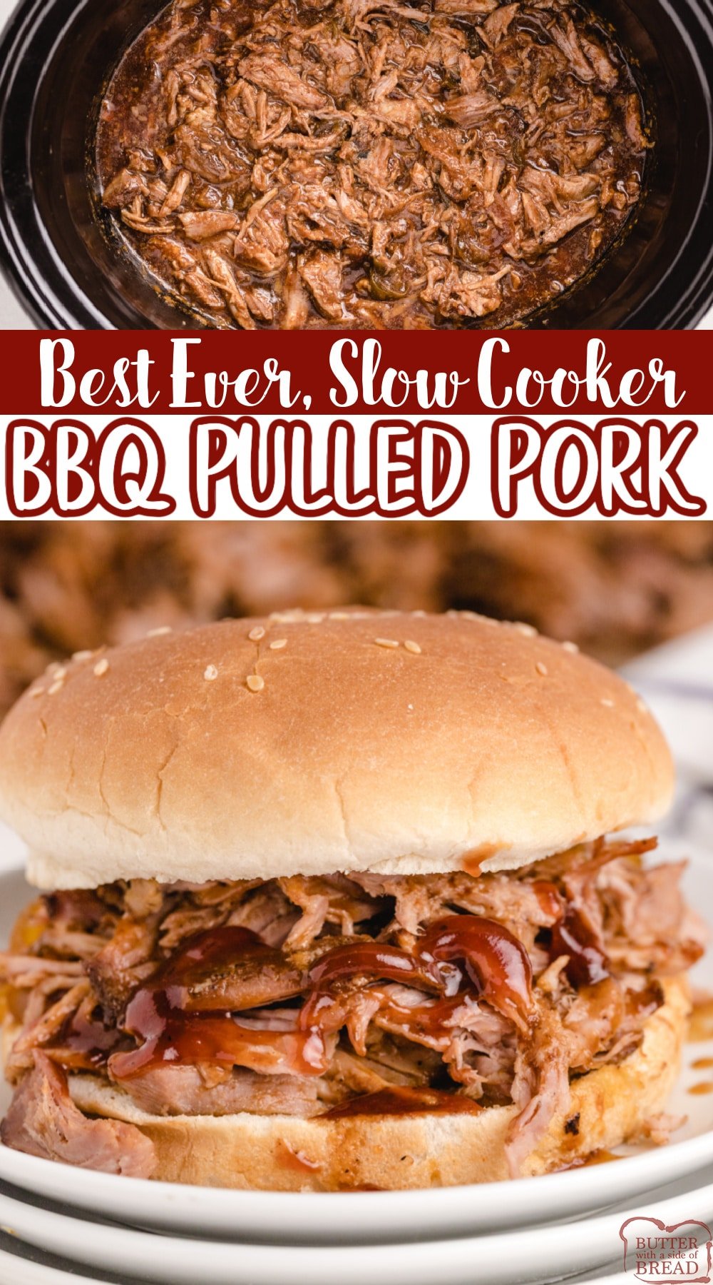 Best EVER Slow Cooker BBQ Pulled Pork! It's moist, tender and packed with flavor! This simple crockpot pulled pork recipe is perfect for making sandwiches or just serving over rice.