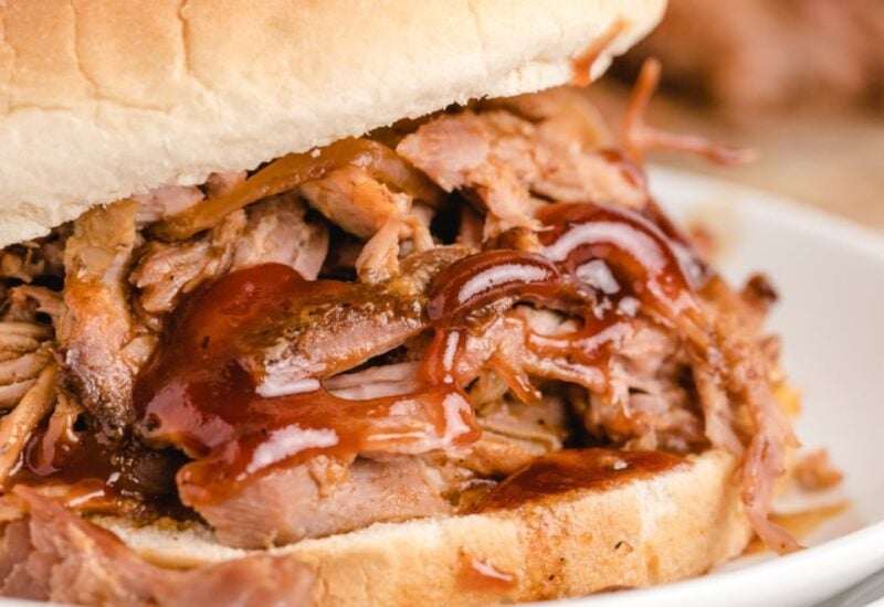pulled pork sandwich with BBQ sauce on a white plate
