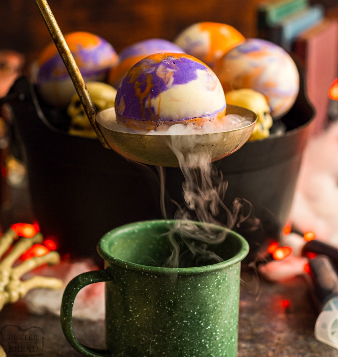 purple and orange Halloween hot chocolate bomb