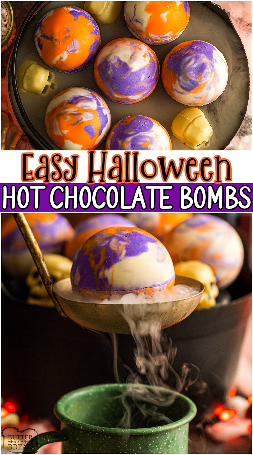 Halloween chocolate bombs are a fun and spooky way to celebrate! Brightly colored, festive hot chocolate bombs are the perfect homemade Halloween treat! #hotchocolate #Halloween #chocolate #homemade #easyrecipe from BUTTER WITH A SIDE OF BREAD