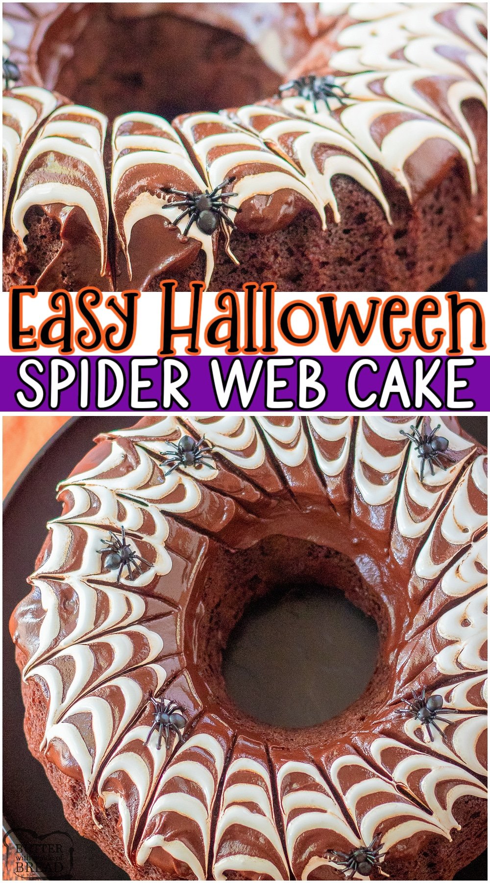 Spider web cake is the perfect Halloween treat! Homemade chocolate cake covered in a rich chocolate ganache with marshmallow fluff cobwebs that are so simple to make! Fun & festive, slightly creepy cake that everyone loves. #cake #spiderweb #Halloween #chocolate #easyrecipe from BUTTER WITH A SIDE OF BREAD