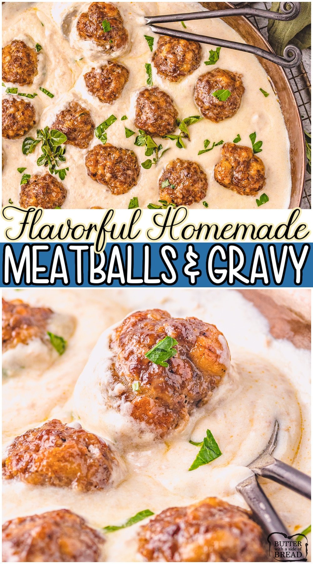 Flavorful homemade Meatballs and gravy made with beef, sausage & a blend of savory seasonings, all cooked in a creamy gravy! Perfect weeknight dinner served over mashed potatoes! #beef #sausage #meatballs #gravy #dinner #easyrecipe from BUTTER WITH A SIDE OF BREAD