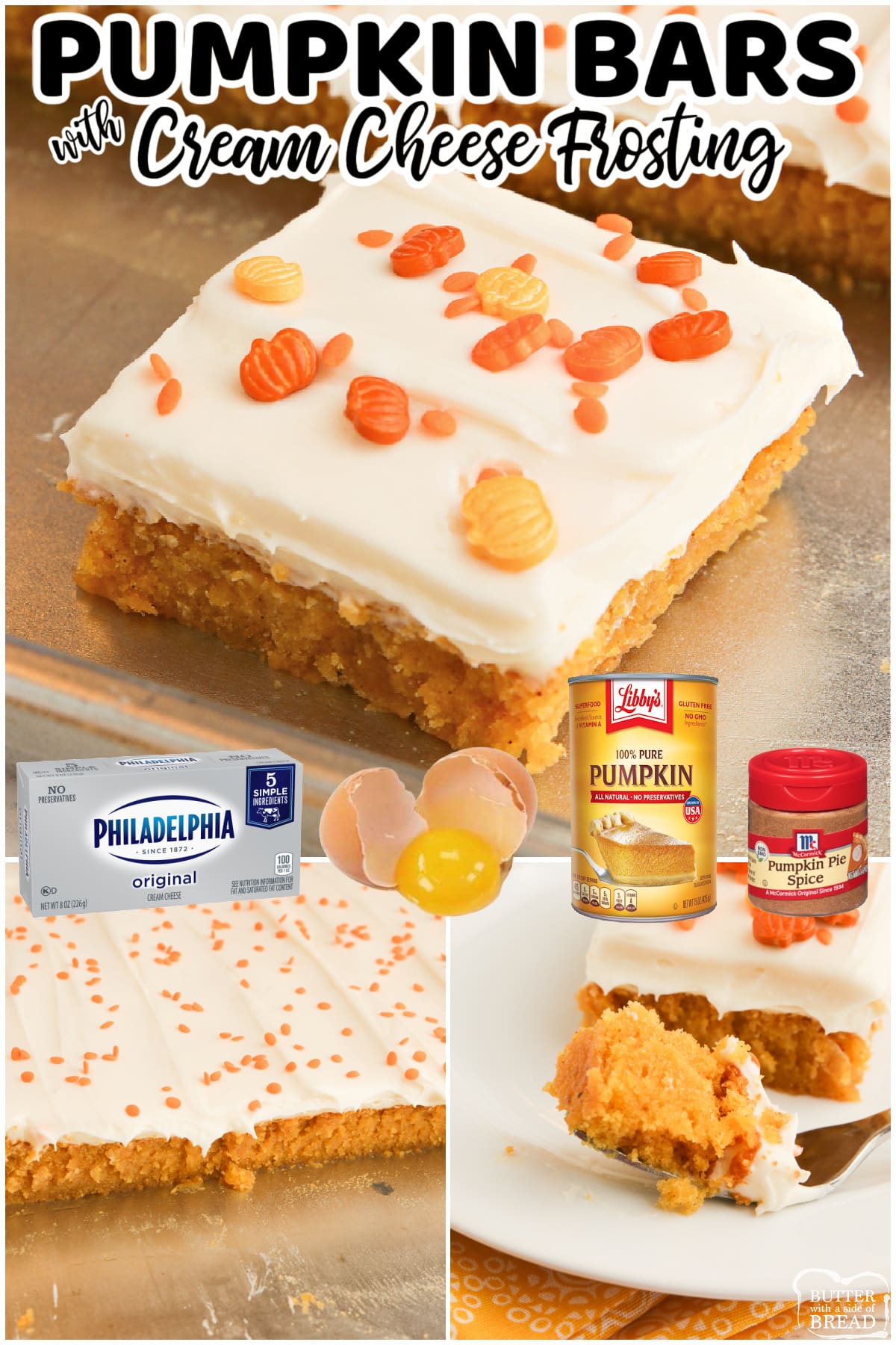Pumpkin Bars with Cream Cheese Frosting made with pumpkin, cinnamon and pumpkin spice and then topped with a delicious cream cheese frosting. Soft, moist and absolutely the perfect fall dessert! 