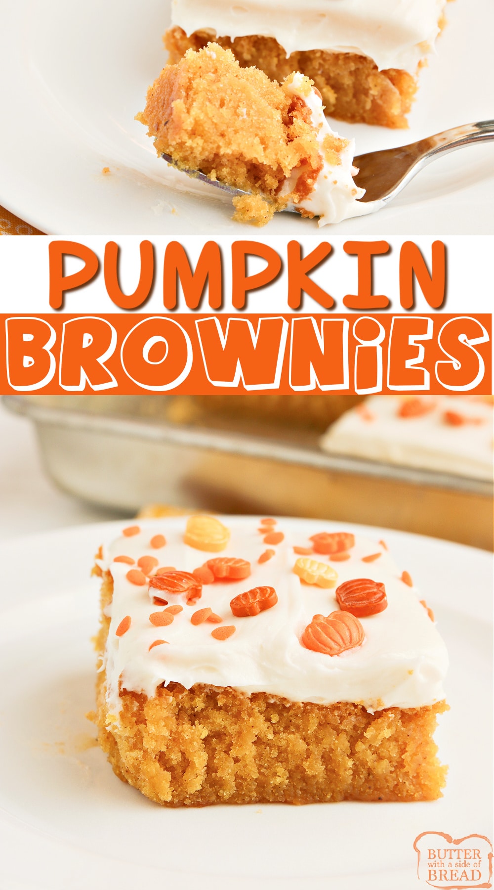 Pumpkin Brownies made with pumpkin, cinnamon and pumpkin spice and then topped with a delicious cream cheese frosting. Soft, moist and absolutely the perfect fall dessert!
