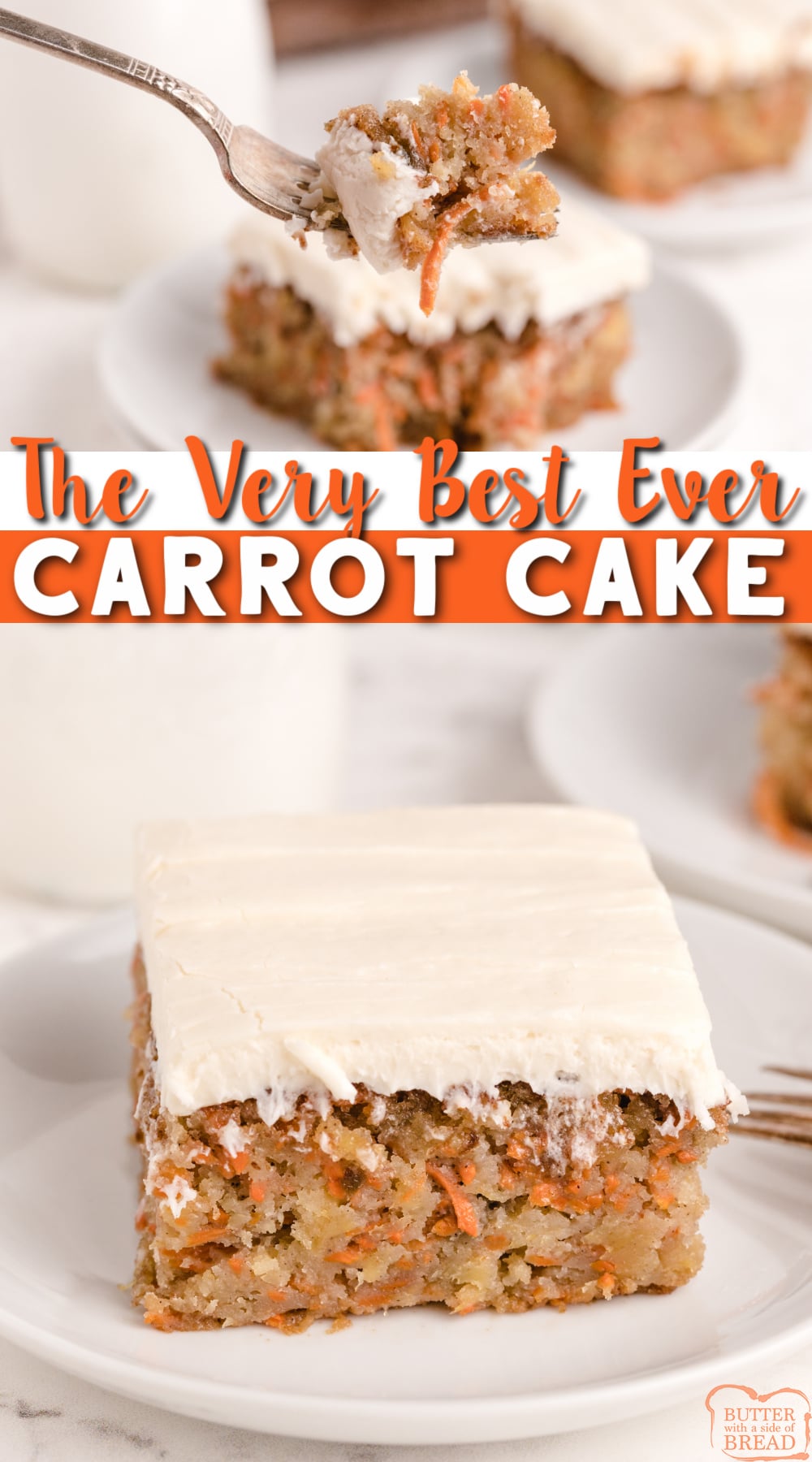 Best Carrot Cake recipe that is moist, delicious and made with crushed pineapple and shredded carrots. The homemade cream cheese frosting pairs perfectly with this carrot cake recipe.