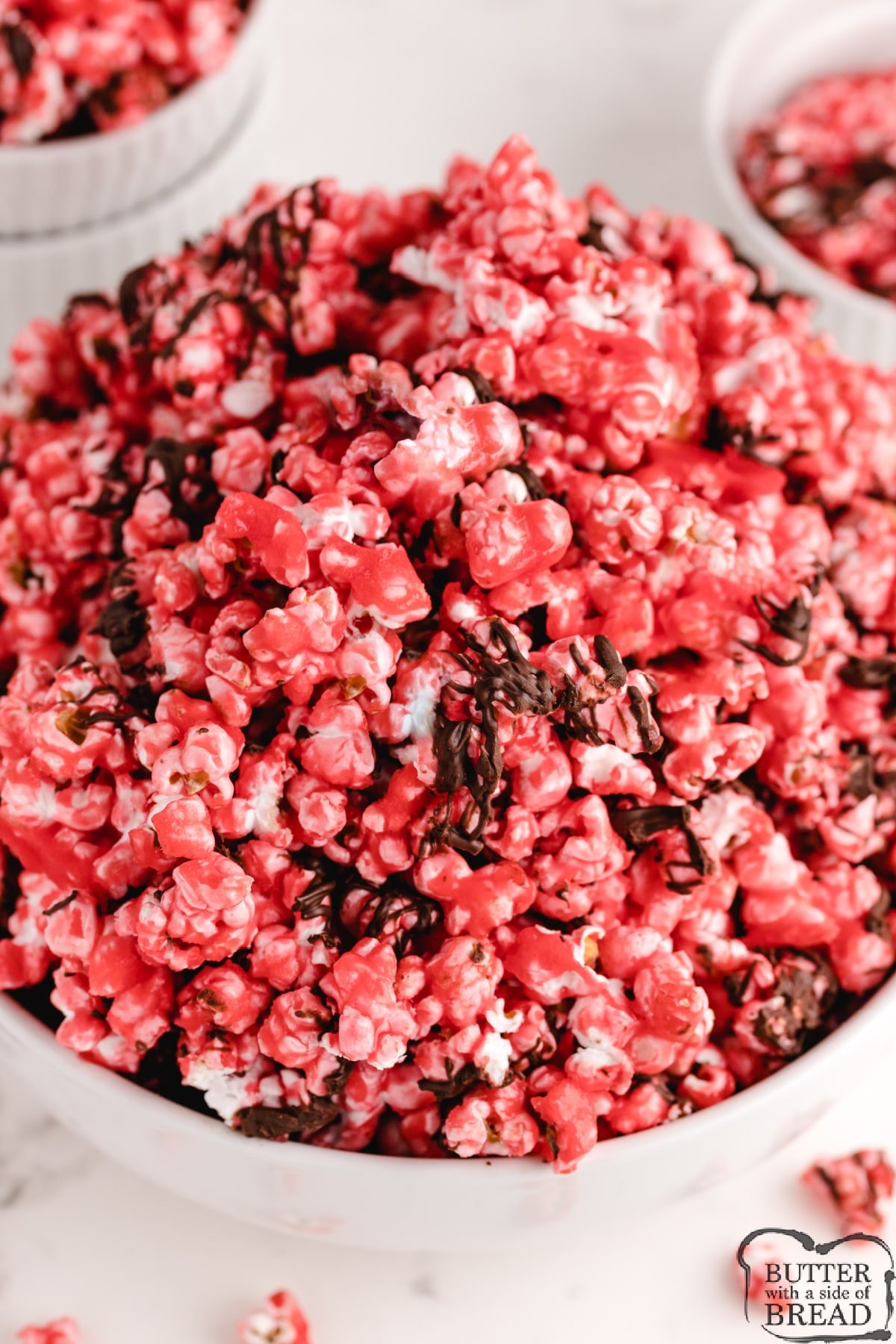 Cherry flavored popcorn made with Kool-Aid and melted chocolate