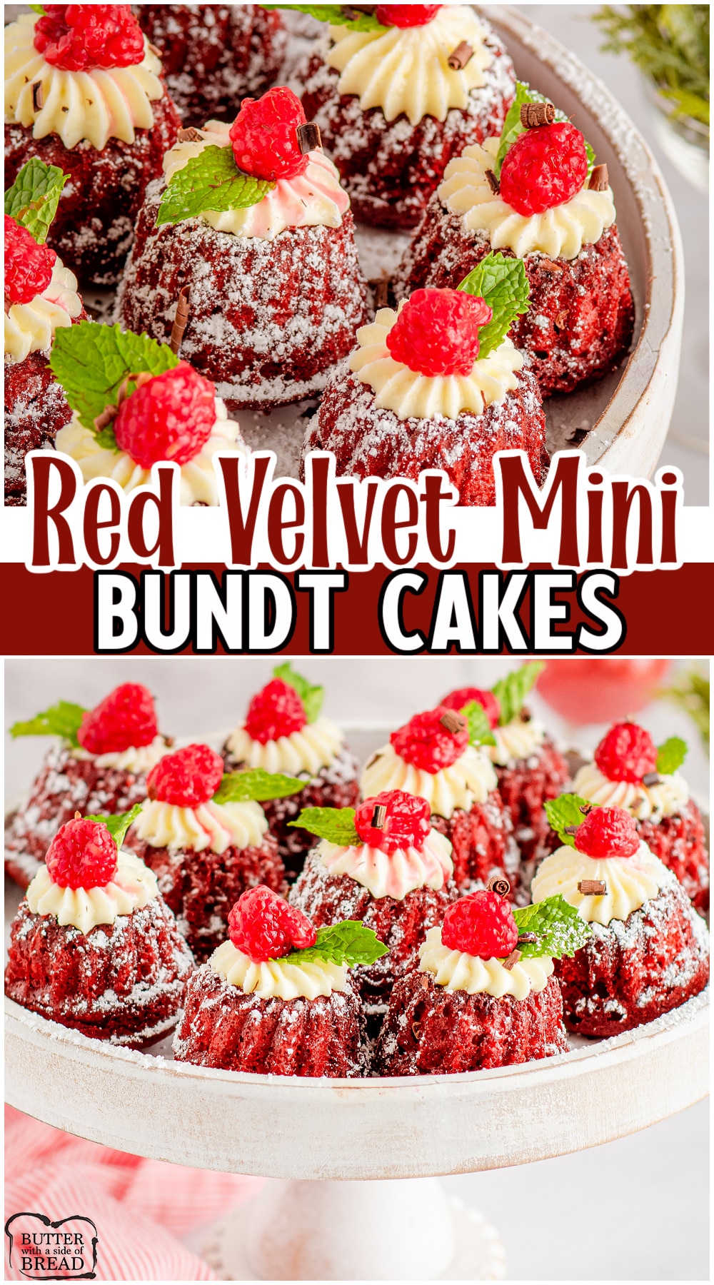 Homemade Mini Red Velvet bundt cakes are soft & flavorful, topped with cream cheese frosting & berries. Festive, gorgeous mini bundt cakes perfect for holidays, birthdays, or just because! 