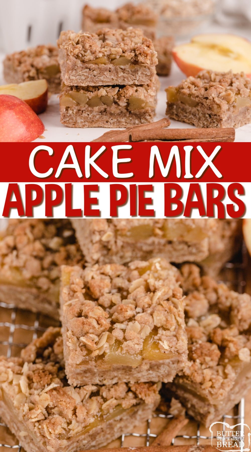 Cake Mix Apple Pie Bars are made with a cake mix, oats, a can of apple pie filling and a few other basic ingredients. An easy and delicious cake mix dessert that tastes just like apple pie! 