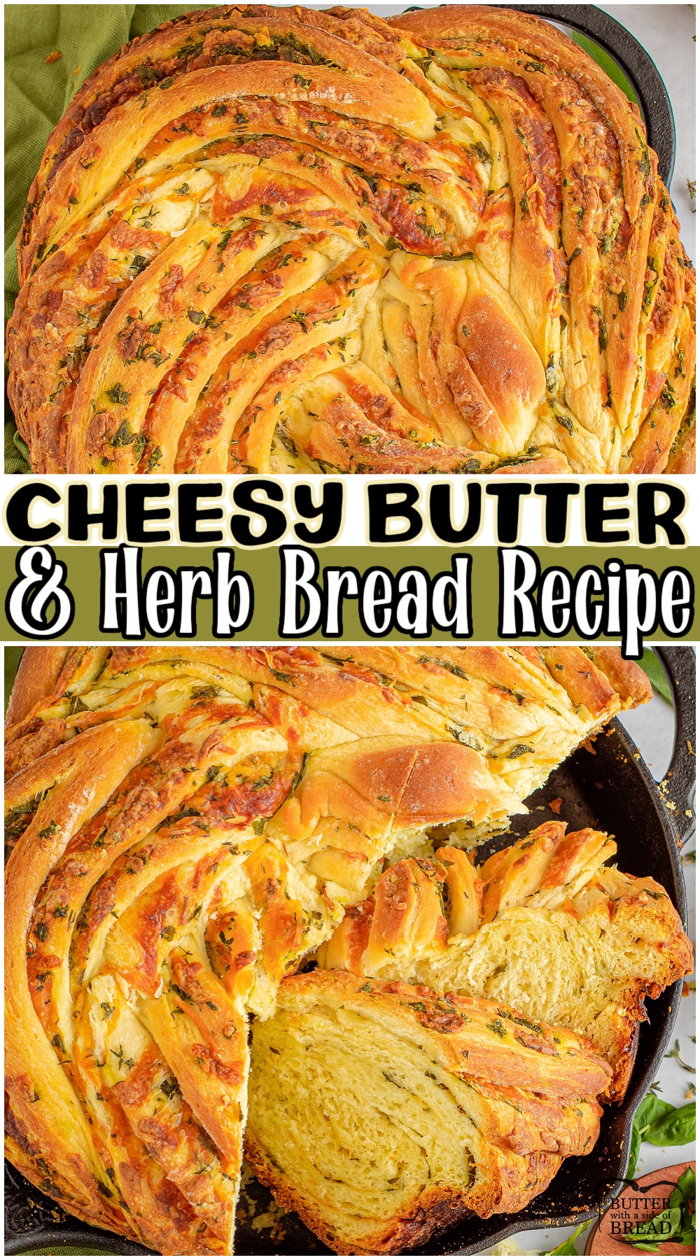 Buttery Cheese and Herb Bread made with fresh herbs & two cheeses for great flavor! Soft and chewy homemade twist bread recipe perfect for cheese lovers! 