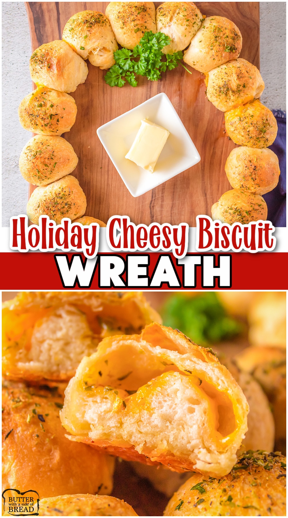 Turn your canned biscuits into an incredible appetizer with this cheesy biscuit wreath. Made with Grands flaky biscuits, cheese, seasonings, and butter, this is an easy & festive way to serve rolls! 