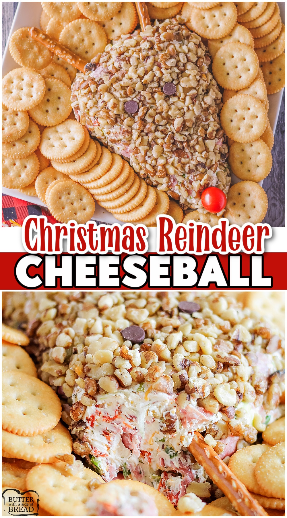 Reindeer Christmas cheeseball is a flavorful appetizer shaped to look like a cute reindeer! Fun & festive homemade cheeseball perfect for the holidays!