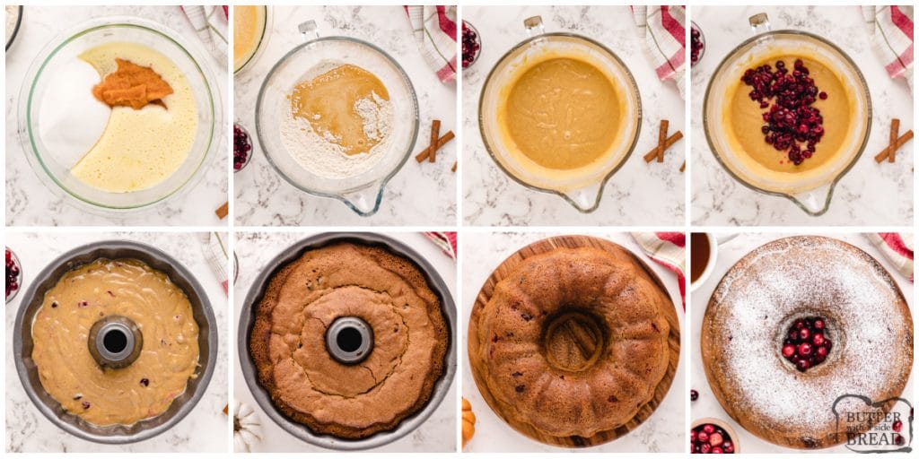 Step by step instructions on how to make cranberry pumpkin bundt cake