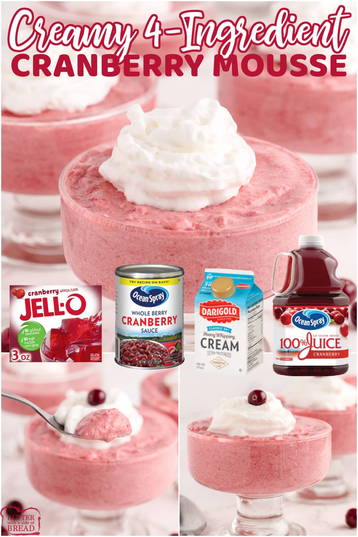 Creamy Cranberry Mousse made with canned cranberry sauce, cranberry juice, Jello and whipped cream. Delicious cranberry dessert that is simple to make and delicious to eat!