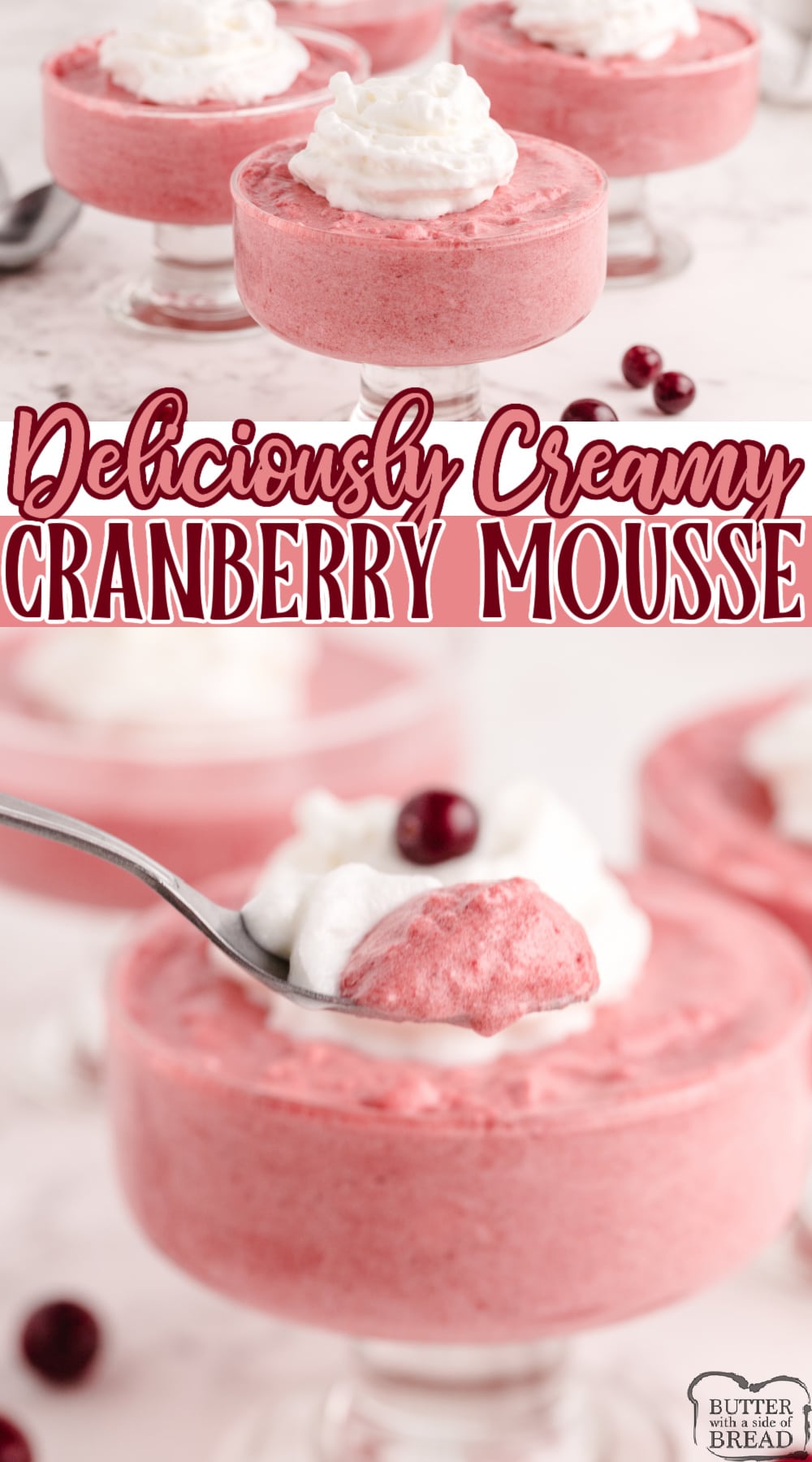 berry Mousse made with cranberry sauce, cranberry juice, Jello and whipped cream. Delicious cranberry dessert that is simple to make and delicious to eat!