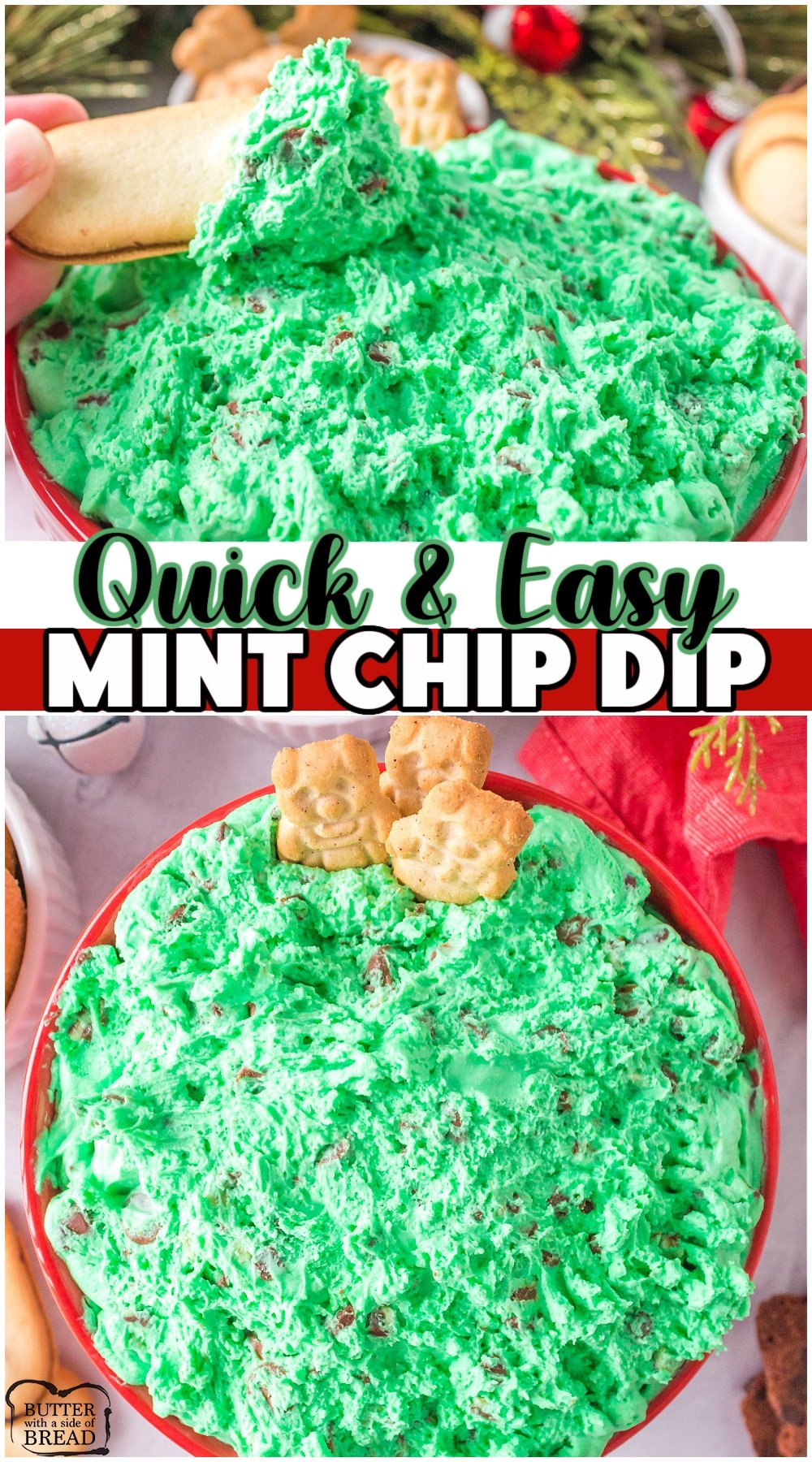 Dessert Mint Chip Dip made easy in minutes & so fun and festive! Perfect dessert dip for Christmas as it's best served with a variety of cookies. Mint chip lovers go crazy for this dip! 