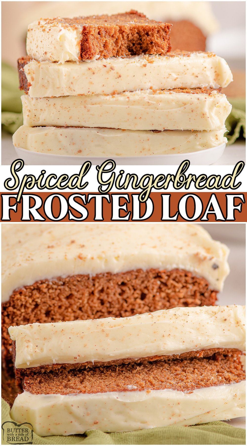 Frosted Gingerbread loaf made with butter, molasses, applesauce & a blend of warm Fall spices! Delicious gingerbread quick bread with a smooth cream cheese frosting on top that everyone adores! 