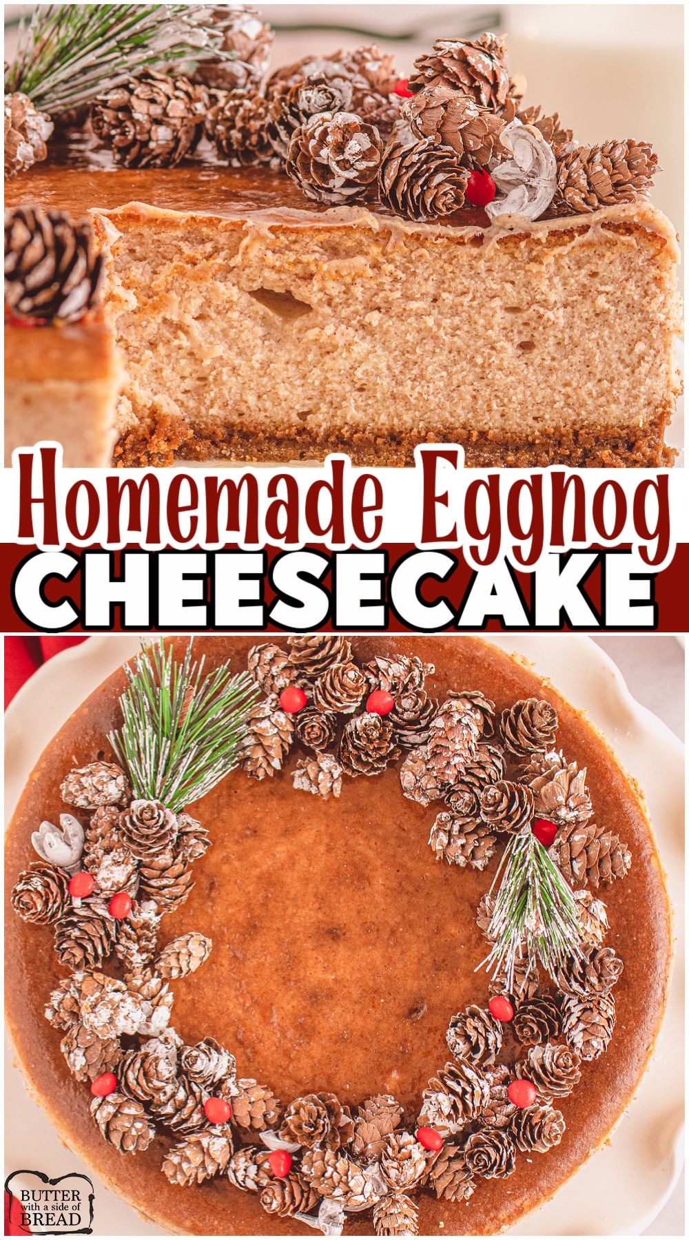 Eggnog cheesecake made with a gingersnap crust, fresh nutmeg & your favorite eggnog! Smooth & creamy cheesecake recipe blends the best holiday flavors for a delightful, festive eggnog dessert.