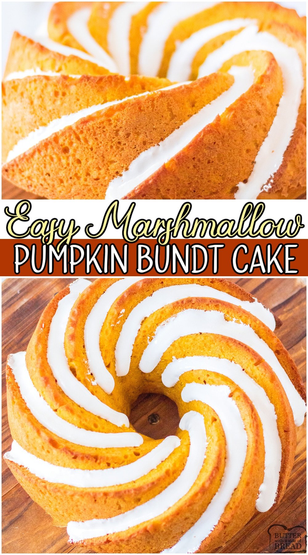 Pumpkin Marshmallow Bundt Cake is an easy pumpkin cake that starts with a cake mix! Marshmallow fluff, pumpkin and delightful Fall spices combine in this delicious pumpkin bundt cake recipe!