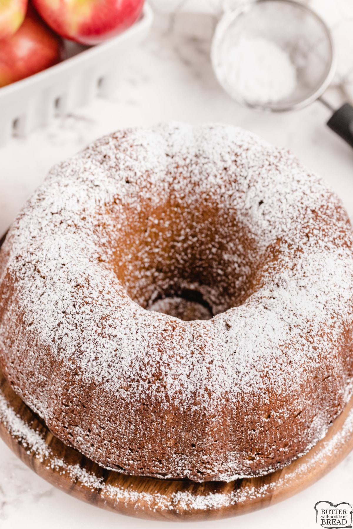 Pumpkin Apple Gingerbread coated with powdered sugar on top