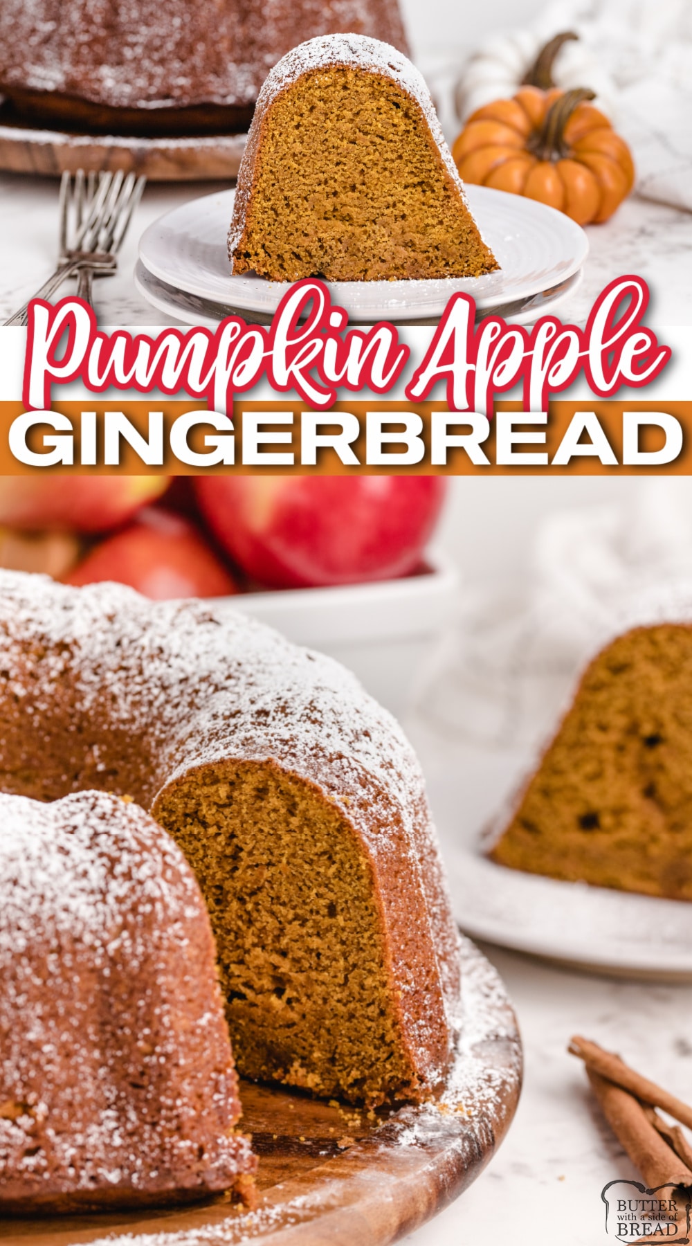 Pumpkin Apple Gingerbread made with canned pumpkin and shredded apple. All of your favorite fall flavors in one delicious gingerbread recipe!