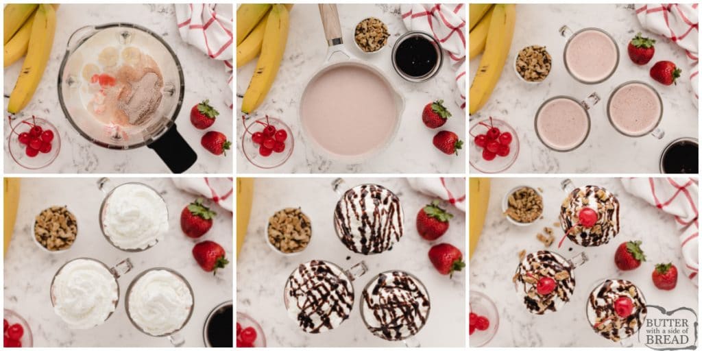 Step by step instructions on how to make banana split hot chocolate