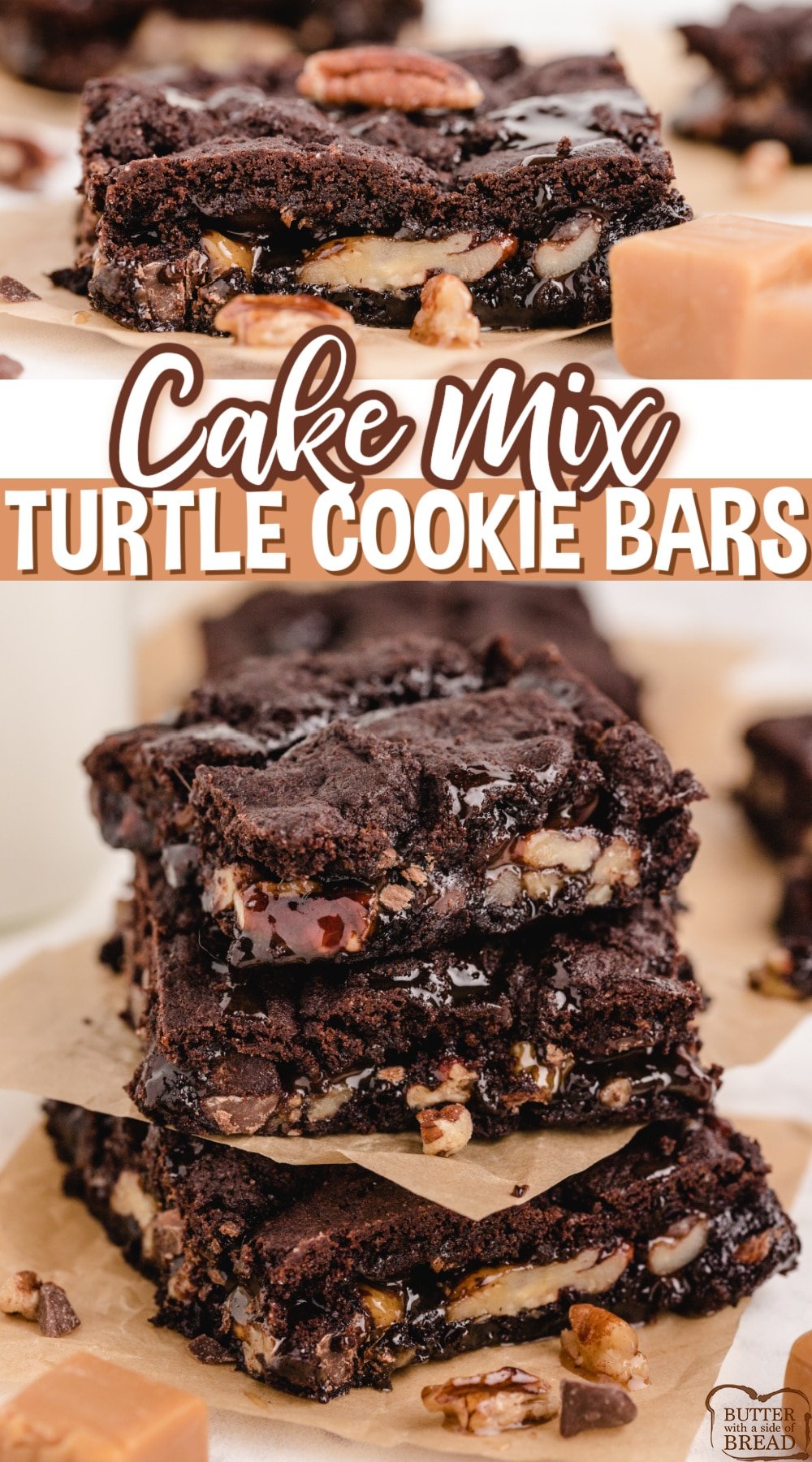 Cake Mix Turtle Cookie Bars made with a cake mix, chocolate chips, pecans and caramel topping. Gooey, delicious cookie bar recipe that is so easy to make! 