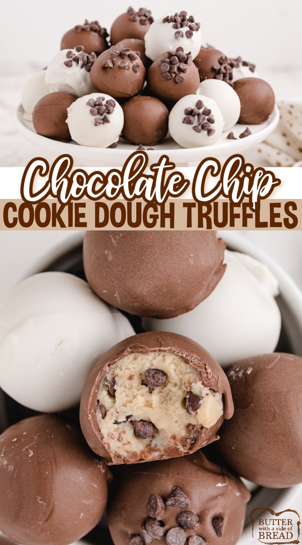 Chocolate Chip Cookie Dough Truffles are made with a simple edible chocolate chip cookie dough that is dipped in chocolate. Perfect bite-sized treats for parties, holidays or dessert anytime!